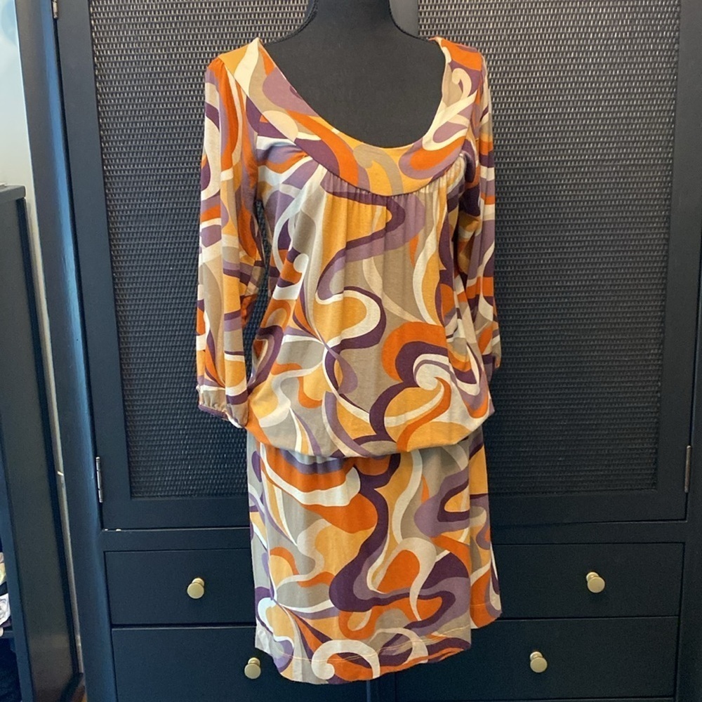 BCBGMaxAzria Dress Groovy 70s Inspired Abstract Rayon 3/4 Sleeve Stretch Large